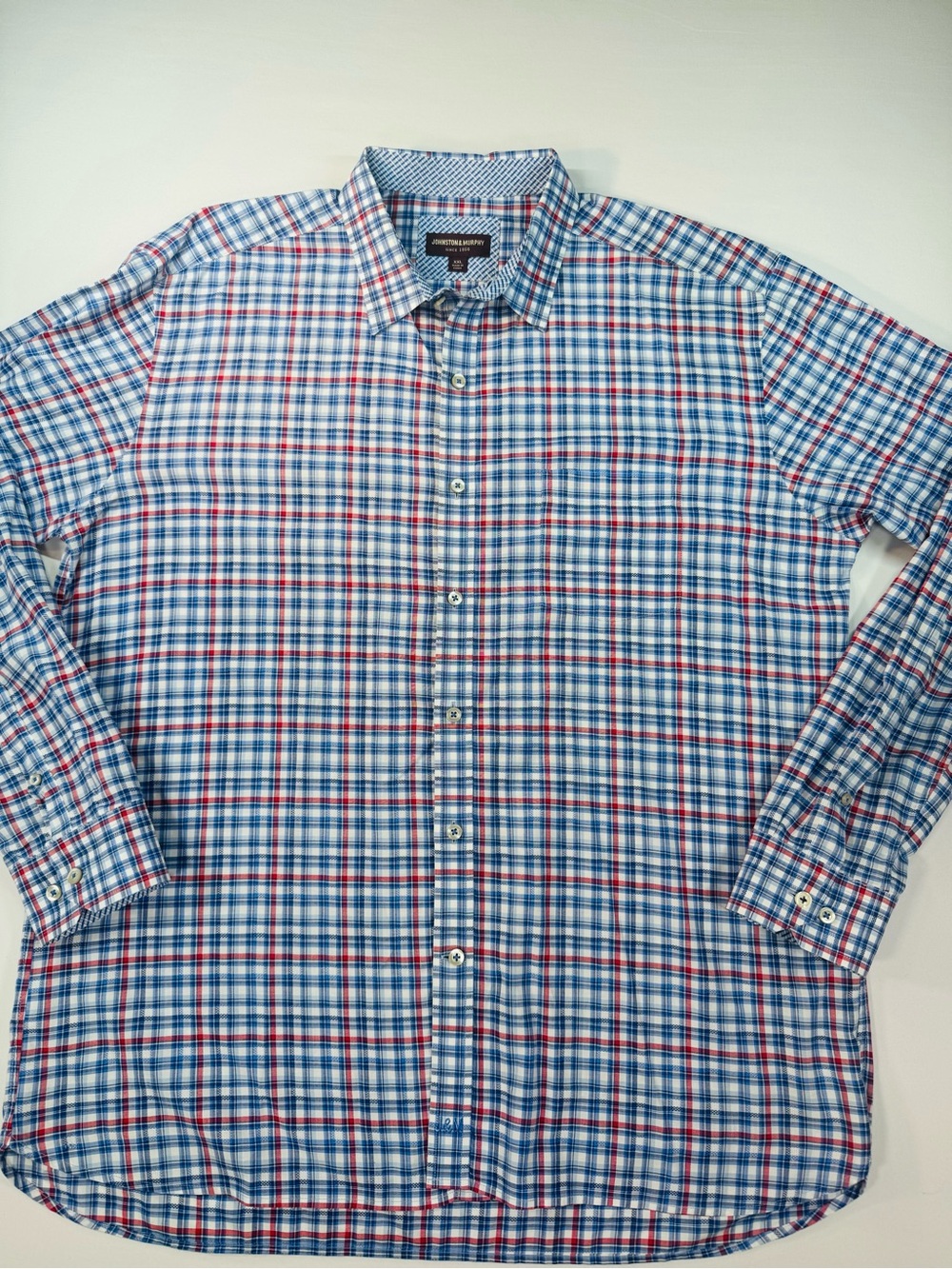 Johnston & Murphy Men’s  Long-Sleeve  Red/White/Blue Plaid Button-Up Shirt, XXL